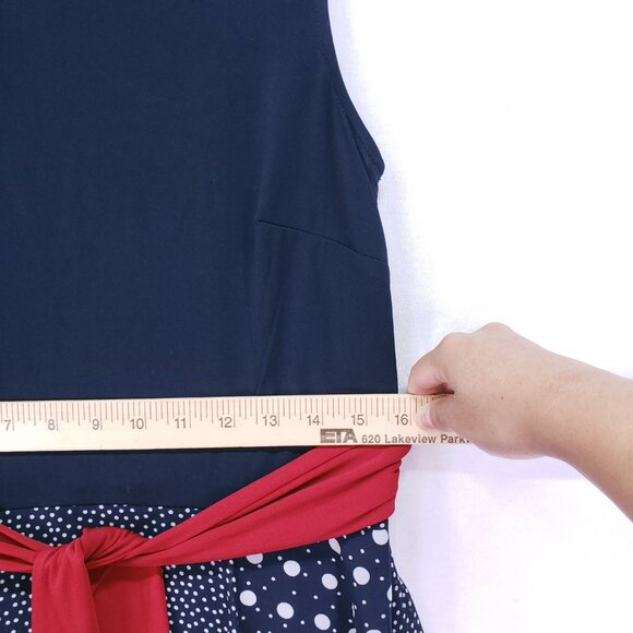 Kate and Lily Navy Blue Maxi Dress Sleeveless Polka dot Patchwork with Red Tie - Picture 5 of 14